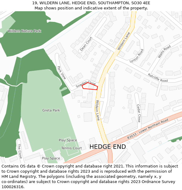 19, WILDERN LANE, HEDGE END, SOUTHAMPTON, SO30 4EE: Location map and indicative extent of plot