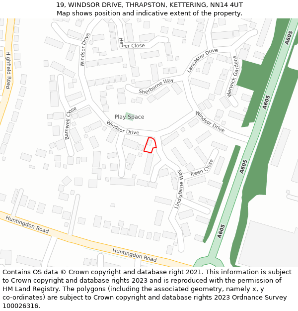 19, WINDSOR DRIVE, THRAPSTON, KETTERING, NN14 4UT: Location map and indicative extent of plot