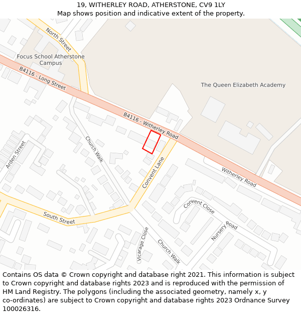 19, WITHERLEY ROAD, ATHERSTONE, CV9 1LY: Location map and indicative extent of plot