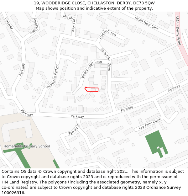 19, WOODBRIDGE CLOSE, CHELLASTON, DERBY, DE73 5QW: Location map and indicative extent of plot