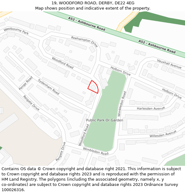 19, WOODFORD ROAD, DERBY, DE22 4EG: Location map and indicative extent of plot