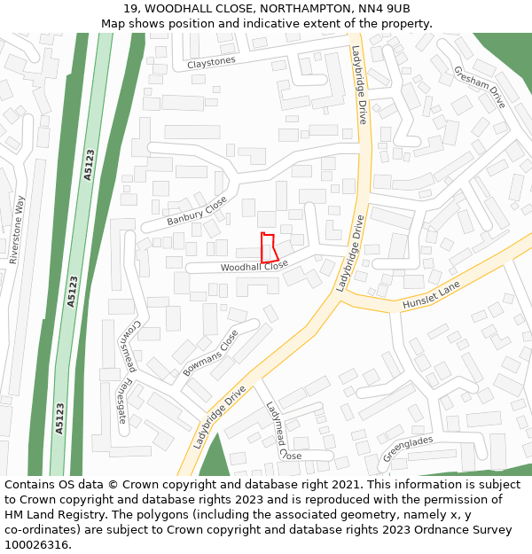 19, WOODHALL CLOSE, NORTHAMPTON, NN4 9UB: Location map and indicative extent of plot