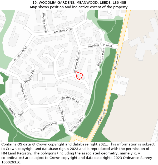 19, WOODLEA GARDENS, MEANWOOD, LEEDS, LS6 4SE: Location map and indicative extent of plot