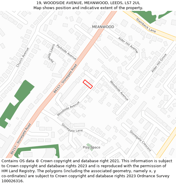 19, WOODSIDE AVENUE, MEANWOOD, LEEDS, LS7 2UL: Location map and indicative extent of plot