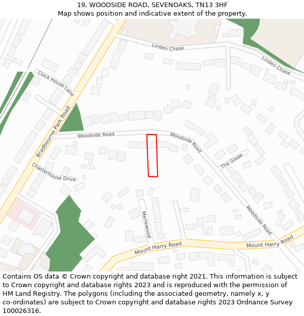 19, WOODSIDE ROAD, SEVENOAKS, TN13 3HF: Location map and indicative extent of plot