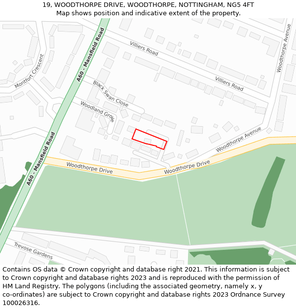 19, WOODTHORPE DRIVE, WOODTHORPE, NOTTINGHAM, NG5 4FT: Location map and indicative extent of plot