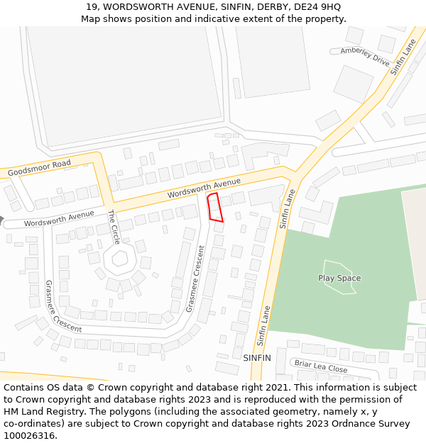 19, WORDSWORTH AVENUE, SINFIN, DERBY, DE24 9HQ: Location map and indicative extent of plot