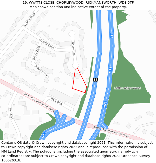 19, WYATTS CLOSE, CHORLEYWOOD, RICKMANSWORTH, WD3 5TF: Location map and indicative extent of plot