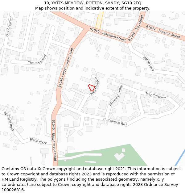 19, YATES MEADOW, POTTON, SANDY, SG19 2EQ: Location map and indicative extent of plot