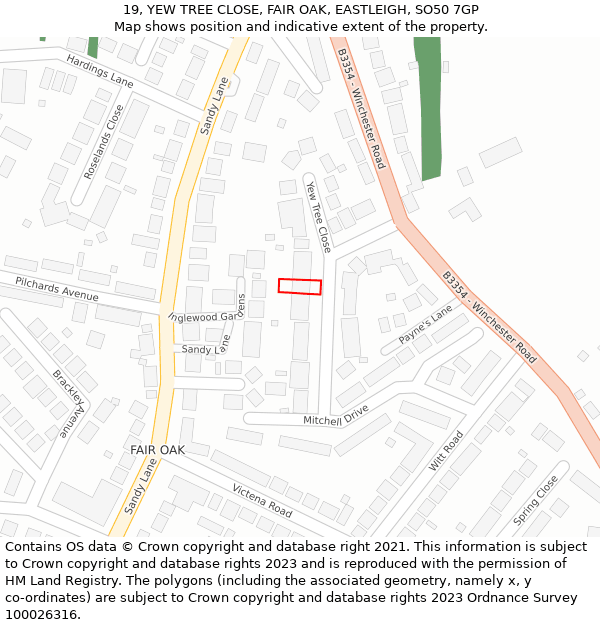 19, YEW TREE CLOSE, FAIR OAK, EASTLEIGH, SO50 7GP: Location map and indicative extent of plot