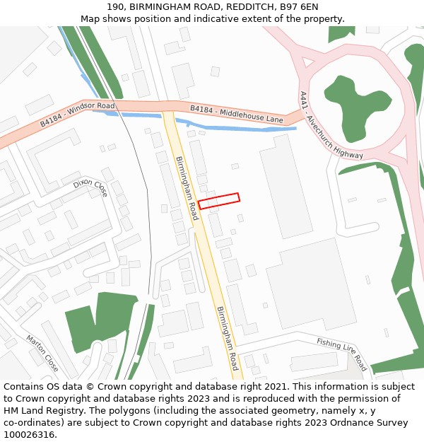 190, BIRMINGHAM ROAD, REDDITCH, B97 6EN: Location map and indicative extent of plot