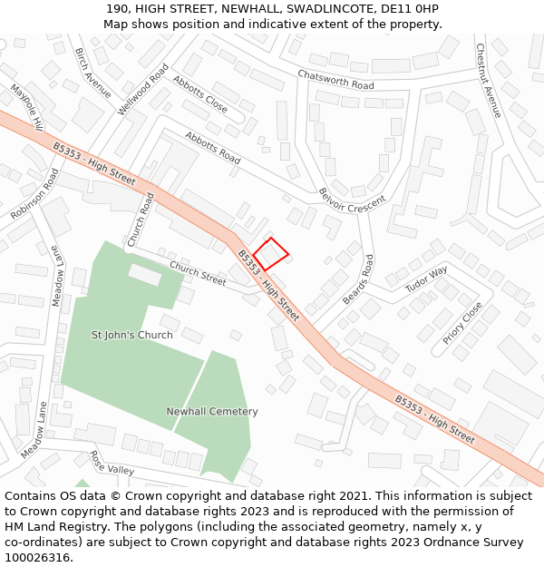 190, HIGH STREET, NEWHALL, SWADLINCOTE, DE11 0HP: Location map and indicative extent of plot