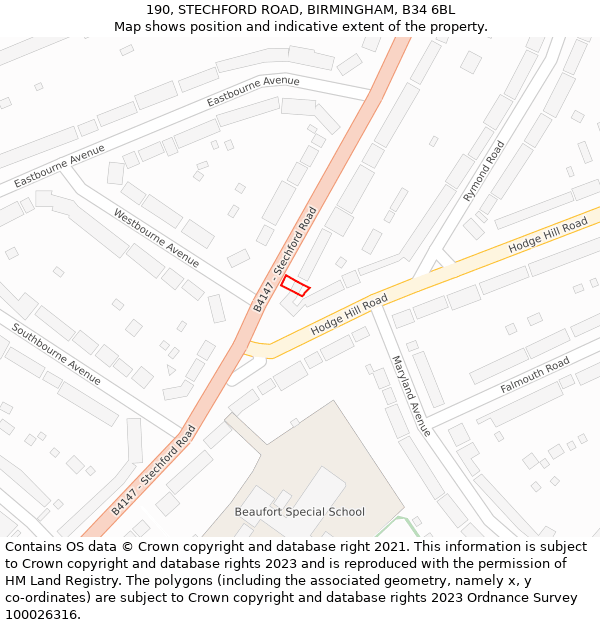 190, STECHFORD ROAD, BIRMINGHAM, B34 6BL: Location map and indicative extent of plot
