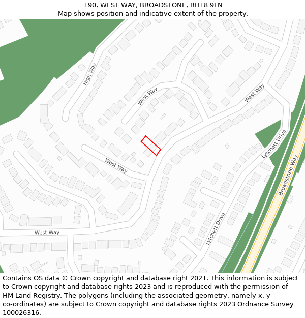 190, WEST WAY, BROADSTONE, BH18 9LN: Location map and indicative extent of plot