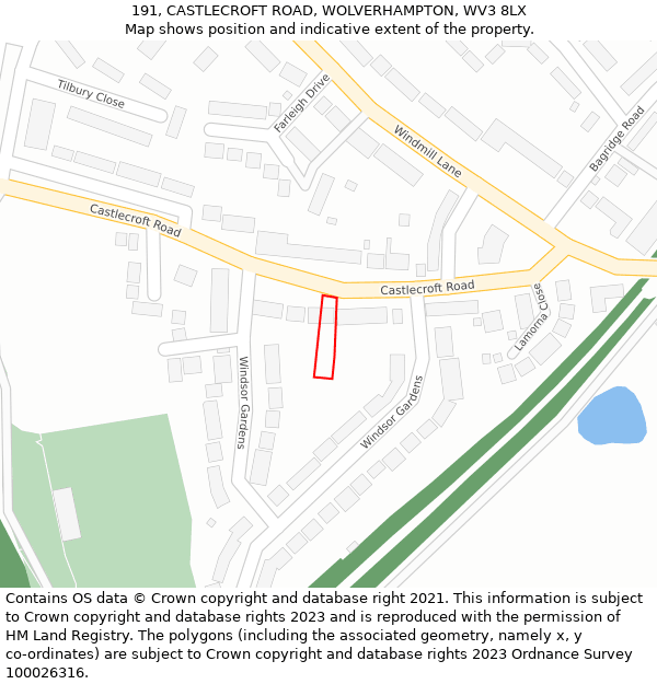 191, CASTLECROFT ROAD, WOLVERHAMPTON, WV3 8LX: Location map and indicative extent of plot