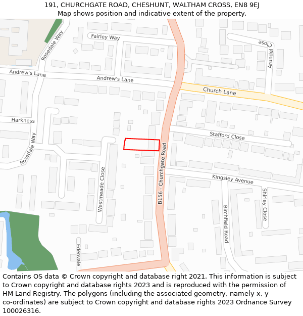 191, CHURCHGATE ROAD, CHESHUNT, WALTHAM CROSS, EN8 9EJ: Location map and indicative extent of plot