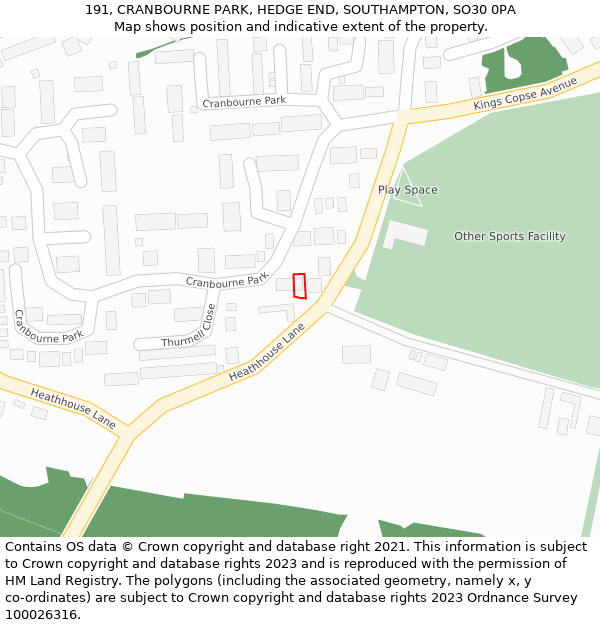 191, CRANBOURNE PARK, HEDGE END, SOUTHAMPTON, SO30 0PA: Location map and indicative extent of plot