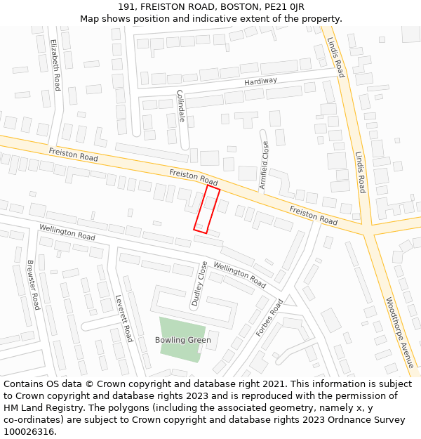 191, FREISTON ROAD, BOSTON, PE21 0JR: Location map and indicative extent of plot