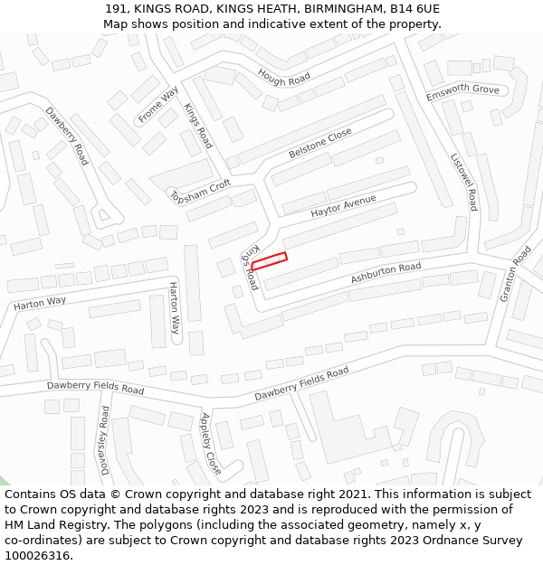 191, KINGS ROAD, KINGS HEATH, BIRMINGHAM, B14 6UE: Location map and indicative extent of plot