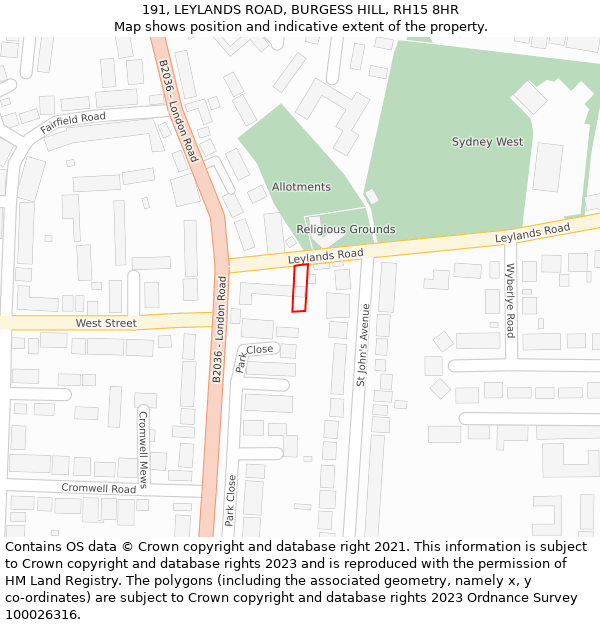 191, LEYLANDS ROAD, BURGESS HILL, RH15 8HR: Location map and indicative extent of plot
