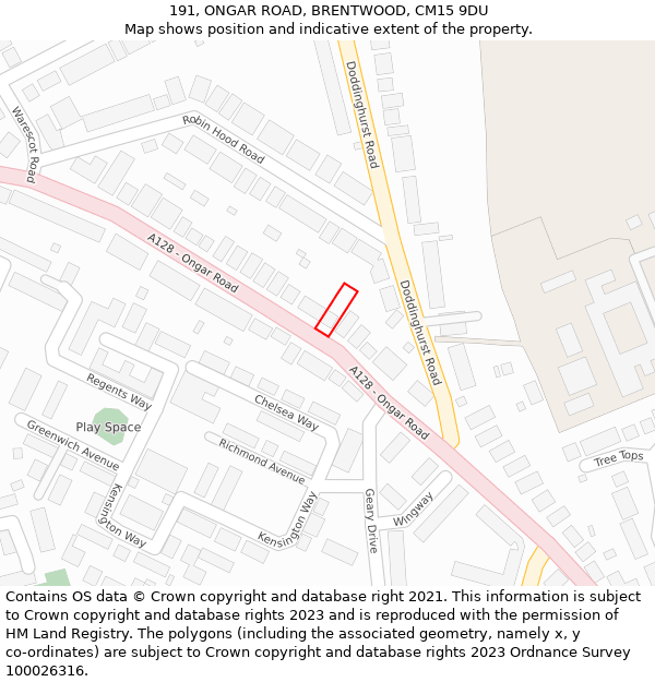 191, ONGAR ROAD, BRENTWOOD, CM15 9DU: Location map and indicative extent of plot