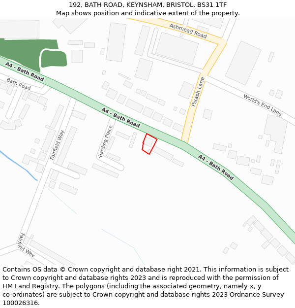 192, BATH ROAD, KEYNSHAM, BRISTOL, BS31 1TF: Location map and indicative extent of plot