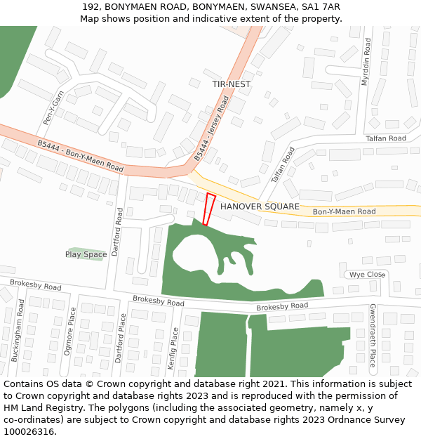 192, BONYMAEN ROAD, BONYMAEN, SWANSEA, SA1 7AR: Location map and indicative extent of plot