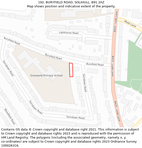 192, BURYFIELD ROAD, SOLIHULL, B91 2AZ: Location map and indicative extent of plot