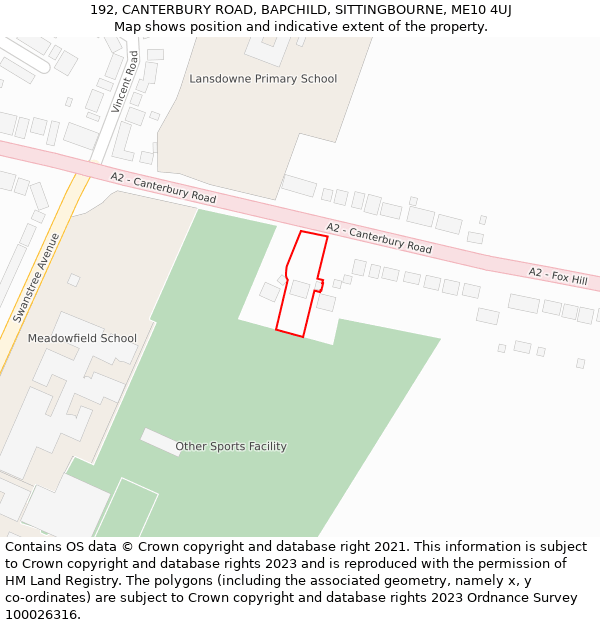 192, CANTERBURY ROAD, BAPCHILD, SITTINGBOURNE, ME10 4UJ: Location map and indicative extent of plot