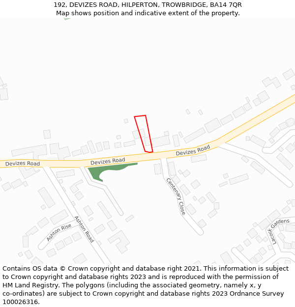 192, DEVIZES ROAD, HILPERTON, TROWBRIDGE, BA14 7QR: Location map and indicative extent of plot