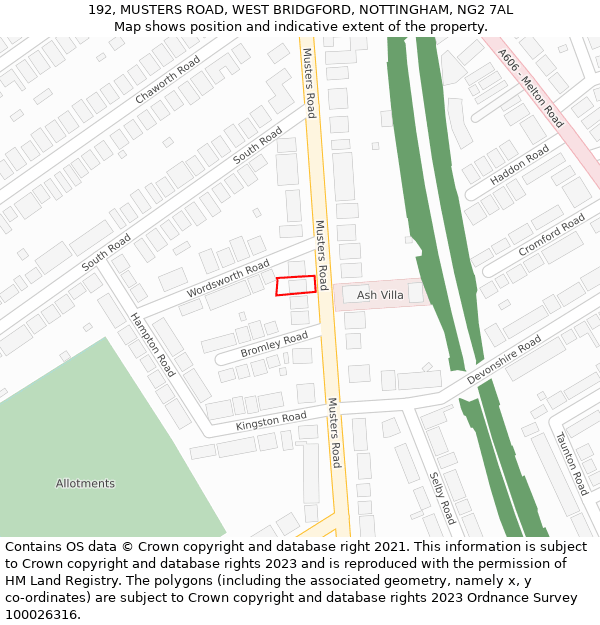 192, MUSTERS ROAD, WEST BRIDGFORD, NOTTINGHAM, NG2 7AL: Location map and indicative extent of plot