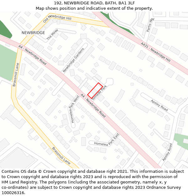 192, NEWBRIDGE ROAD, BATH, BA1 3LF: Location map and indicative extent of plot