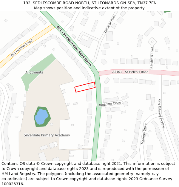 192, SEDLESCOMBE ROAD NORTH, ST LEONARDS-ON-SEA, TN37 7EN: Location map and indicative extent of plot