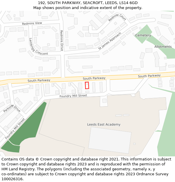192, SOUTH PARKWAY, SEACROFT, LEEDS, LS14 6GD: Location map and indicative extent of plot