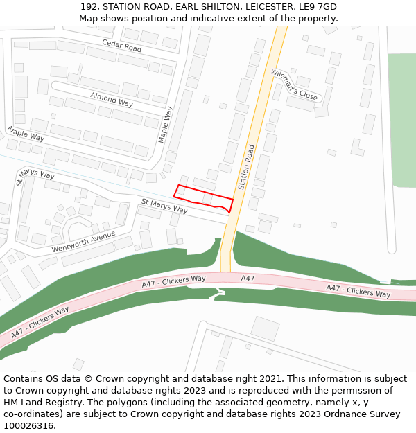 192, STATION ROAD, EARL SHILTON, LEICESTER, LE9 7GD: Location map and indicative extent of plot