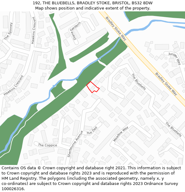 192, THE BLUEBELLS, BRADLEY STOKE, BRISTOL, BS32 8DW: Location map and indicative extent of plot