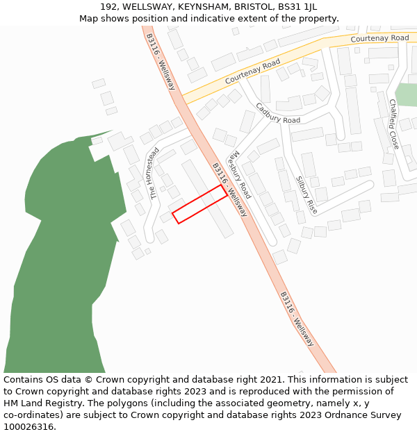 192, WELLSWAY, KEYNSHAM, BRISTOL, BS31 1JL: Location map and indicative extent of plot