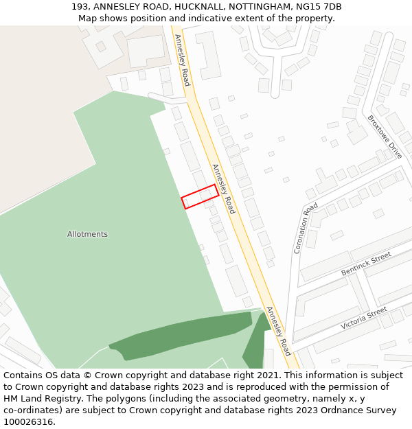 193, ANNESLEY ROAD, HUCKNALL, NOTTINGHAM, NG15 7DB: Location map and indicative extent of plot