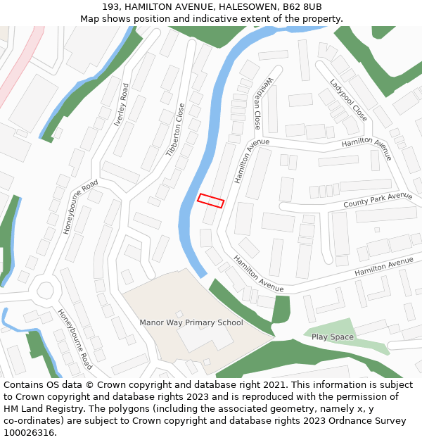 193, HAMILTON AVENUE, HALESOWEN, B62 8UB: Location map and indicative extent of plot