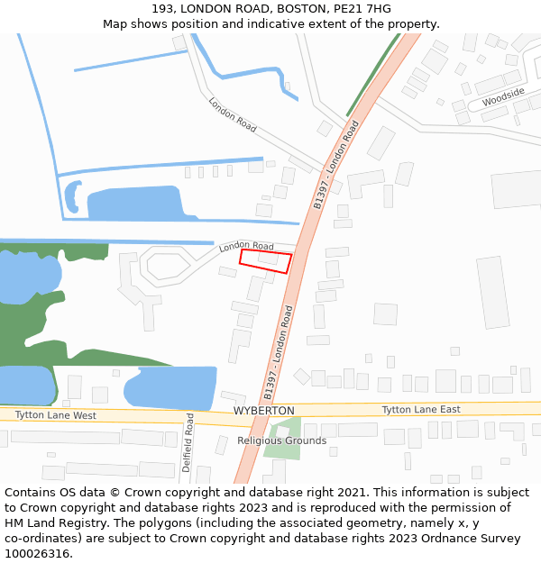 193, LONDON ROAD, BOSTON, PE21 7HG: Location map and indicative extent of plot