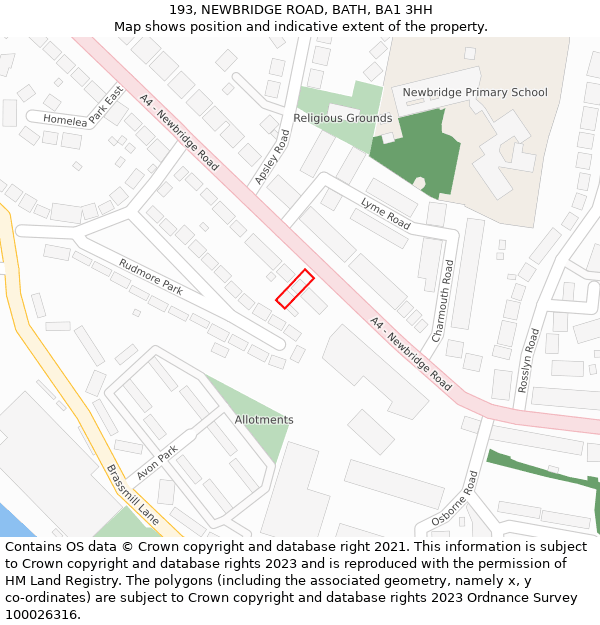 193, NEWBRIDGE ROAD, BATH, BA1 3HH: Location map and indicative extent of plot