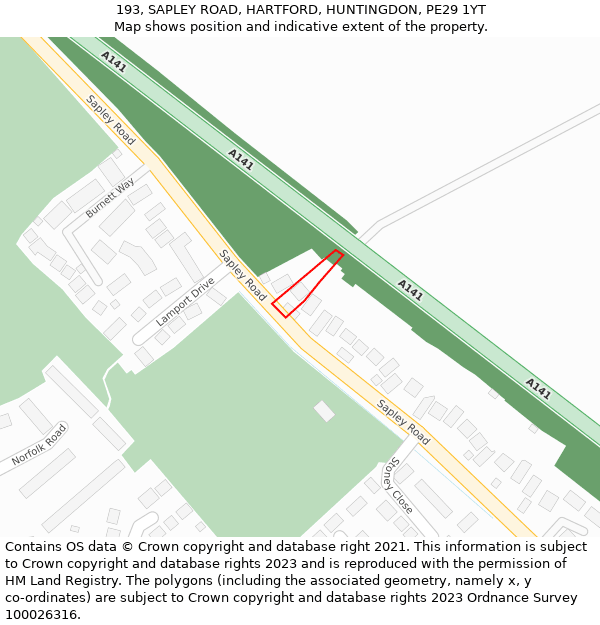 193, SAPLEY ROAD, HARTFORD, HUNTINGDON, PE29 1YT: Location map and indicative extent of plot