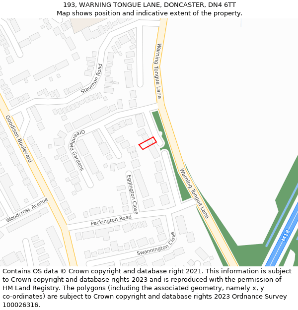 193, WARNING TONGUE LANE, DONCASTER, DN4 6TT: Location map and indicative extent of plot