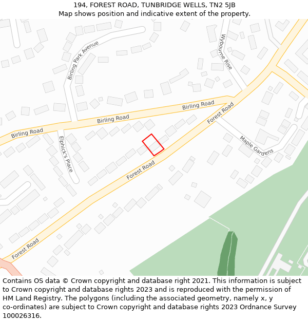 194, FOREST ROAD, TUNBRIDGE WELLS, TN2 5JB: Location map and indicative extent of plot