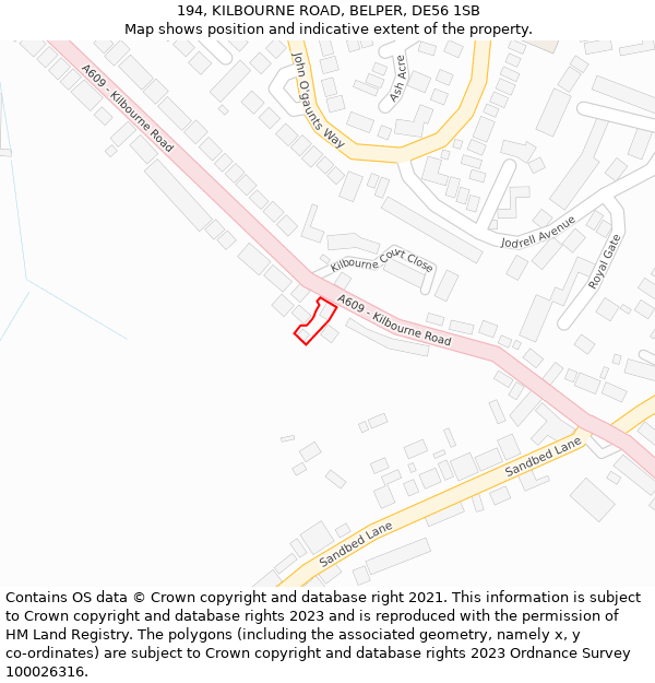 194, KILBOURNE ROAD, BELPER, DE56 1SB: Location map and indicative extent of plot