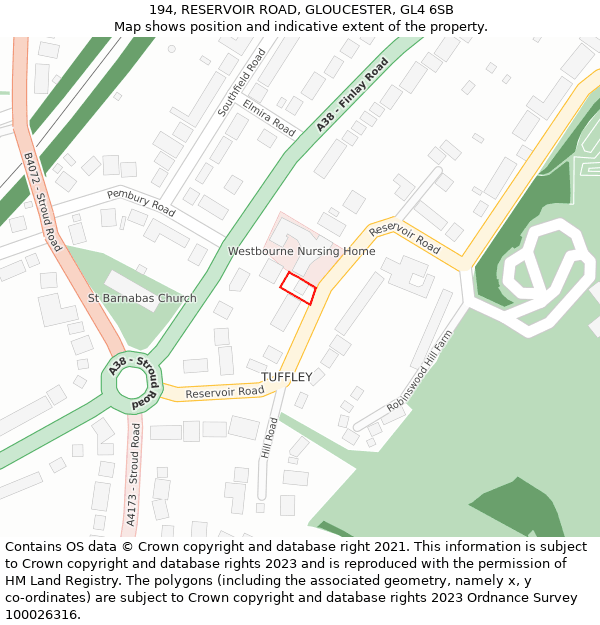 194, RESERVOIR ROAD, GLOUCESTER, GL4 6SB: Location map and indicative extent of plot