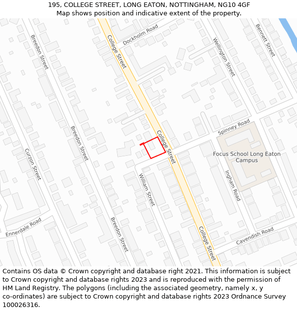 195, COLLEGE STREET, LONG EATON, NOTTINGHAM, NG10 4GF: Location map and indicative extent of plot