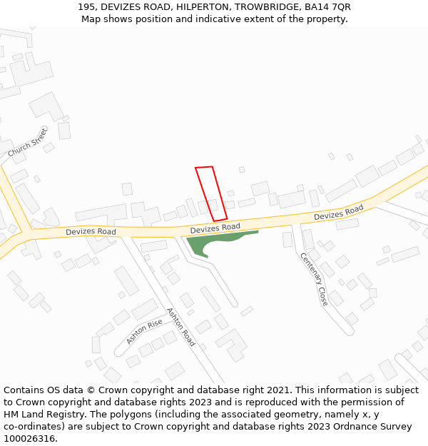 195, DEVIZES ROAD, HILPERTON, TROWBRIDGE, BA14 7QR: Location map and indicative extent of plot