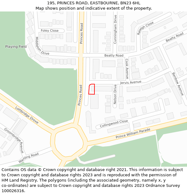 195, PRINCES ROAD, EASTBOURNE, BN23 6HL: Location map and indicative extent of plot