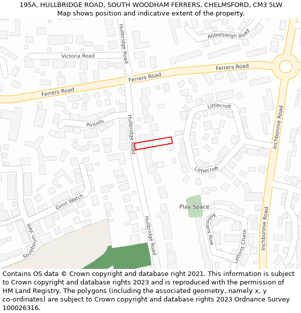 195A, HULLBRIDGE ROAD, SOUTH WOODHAM FERRERS, CHELMSFORD, CM3 5LW: Location map and indicative extent of plot